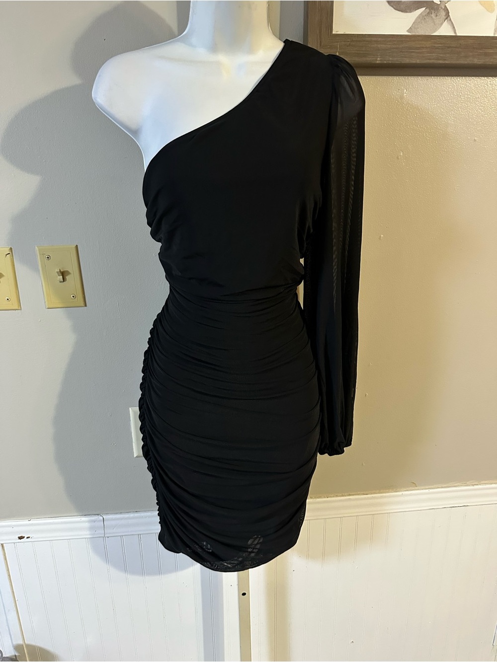 One-Shoulder Black Ruched Mini Dress - Picture 2 of 8